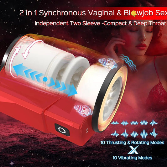 Male Masturbator Adult Sex Toys for Men - Dual-Sleeve Automatic Thrusting Rotating Vibrating Sex Machine Penis Vibrator Stroker